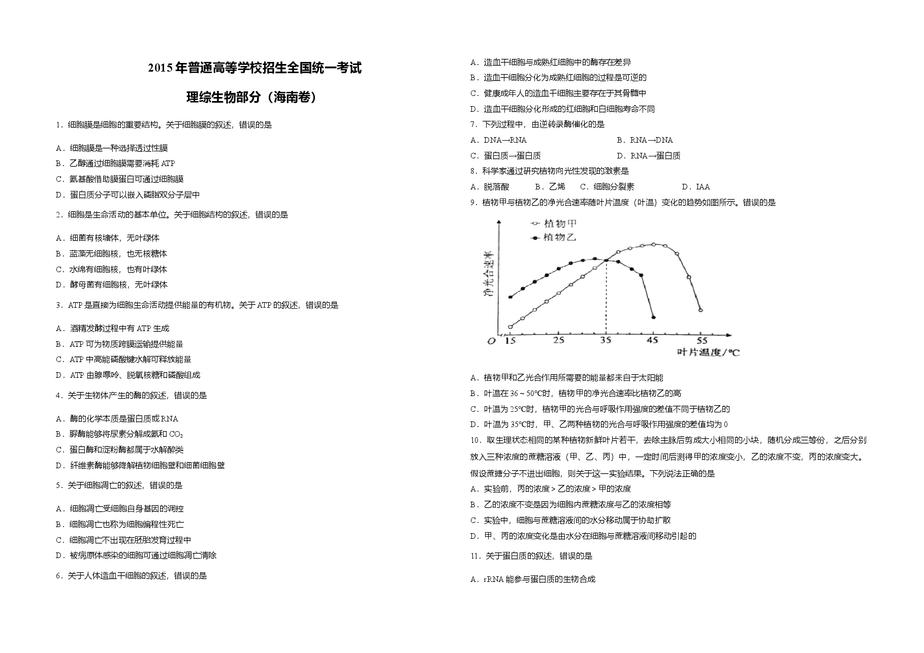 2015年高考海南省生物试题及答案.doc,第1页预览