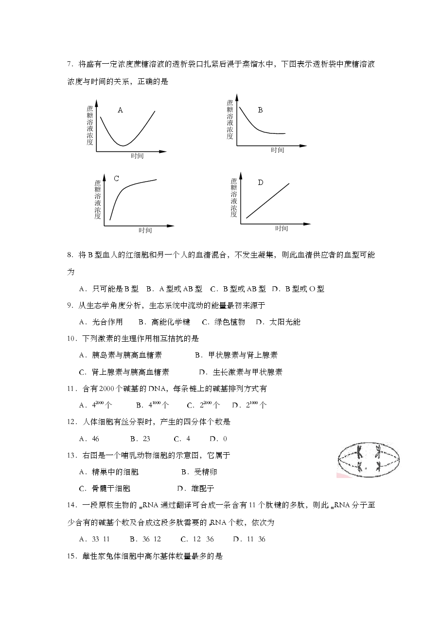 2005年上海市高中毕业统一学业考试生物试卷(答案版).doc,第2页预览