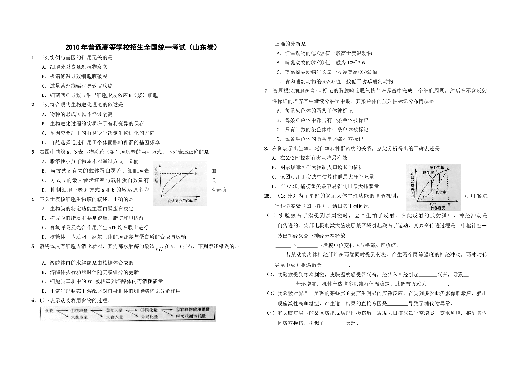 2010年高考真题 生物(山东卷)（含解析版）.doc，第1页预览