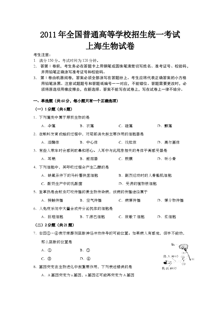 2011年上海市高中毕业统一学业考试生物试卷(答案版).doc,第1页预览
