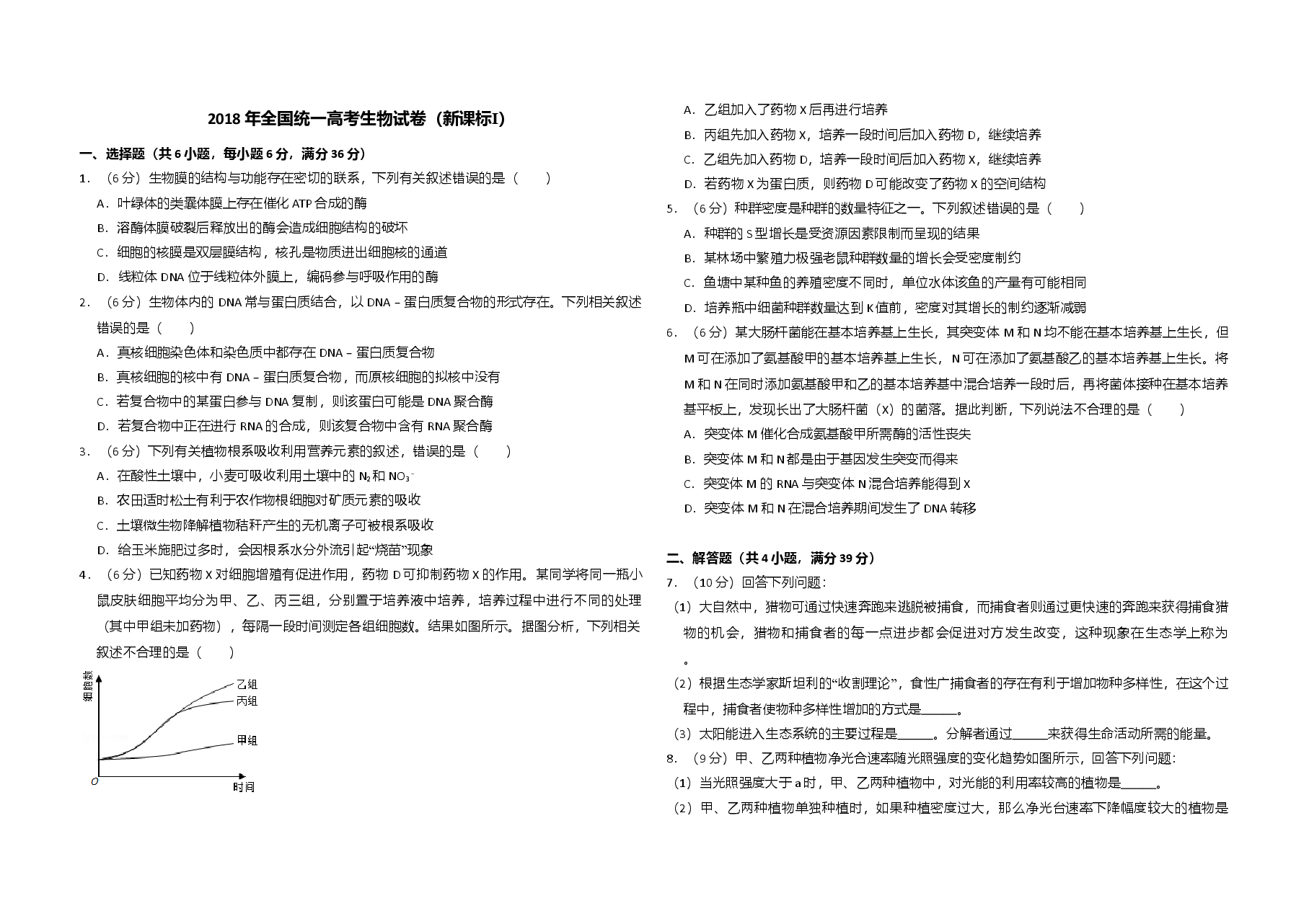 2018年高考真题 生物(山东卷)（含解析版）.doc，第1页预览