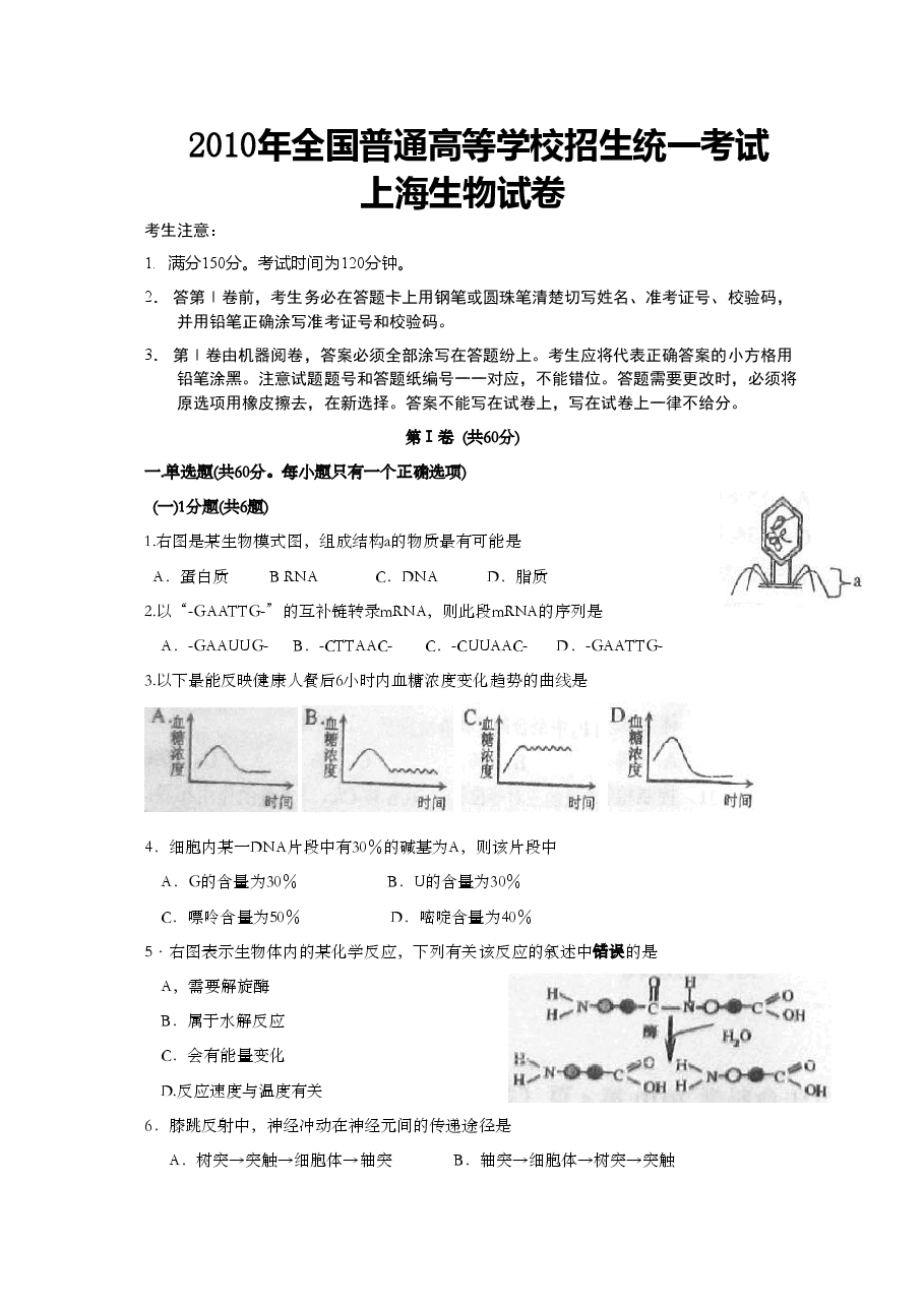 2010年上海市高中毕业统一学业考试生物试卷（原卷版）.doc，第1页预览