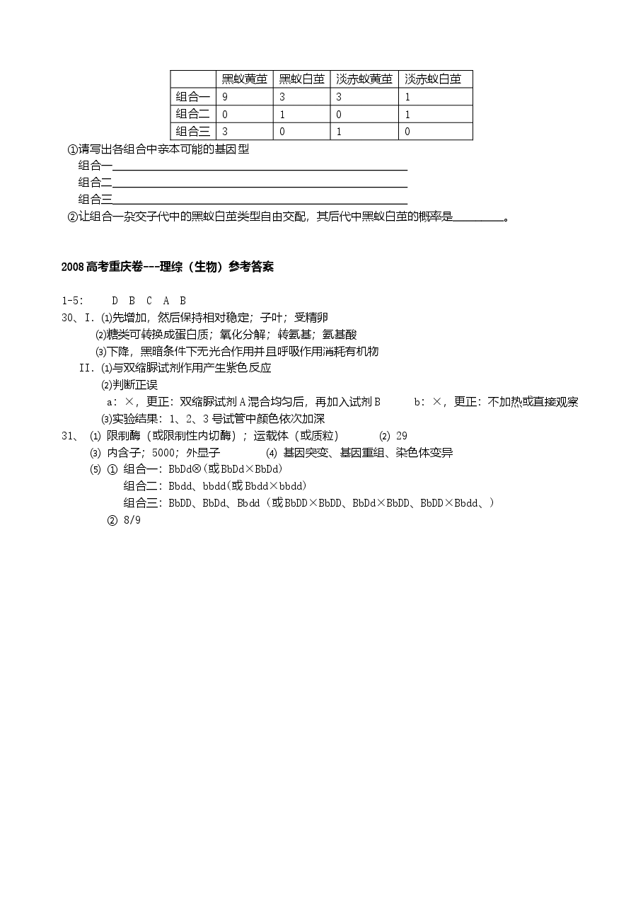 2008年高考重庆高考理综生物试题含答案word版.doc，第3页预览