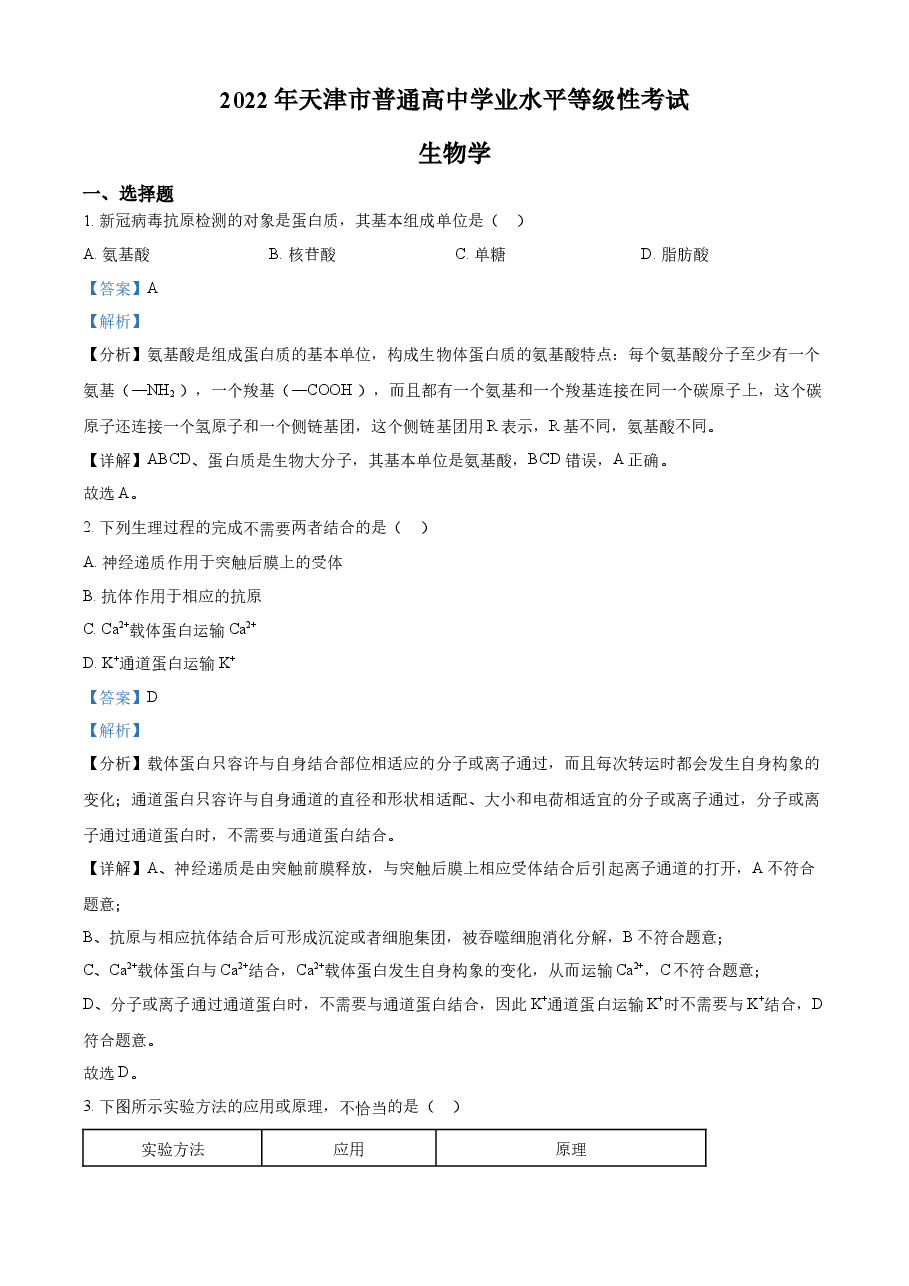 精品解析:2022年新教材天津生物高考试题(解析版).docx,第1页预览