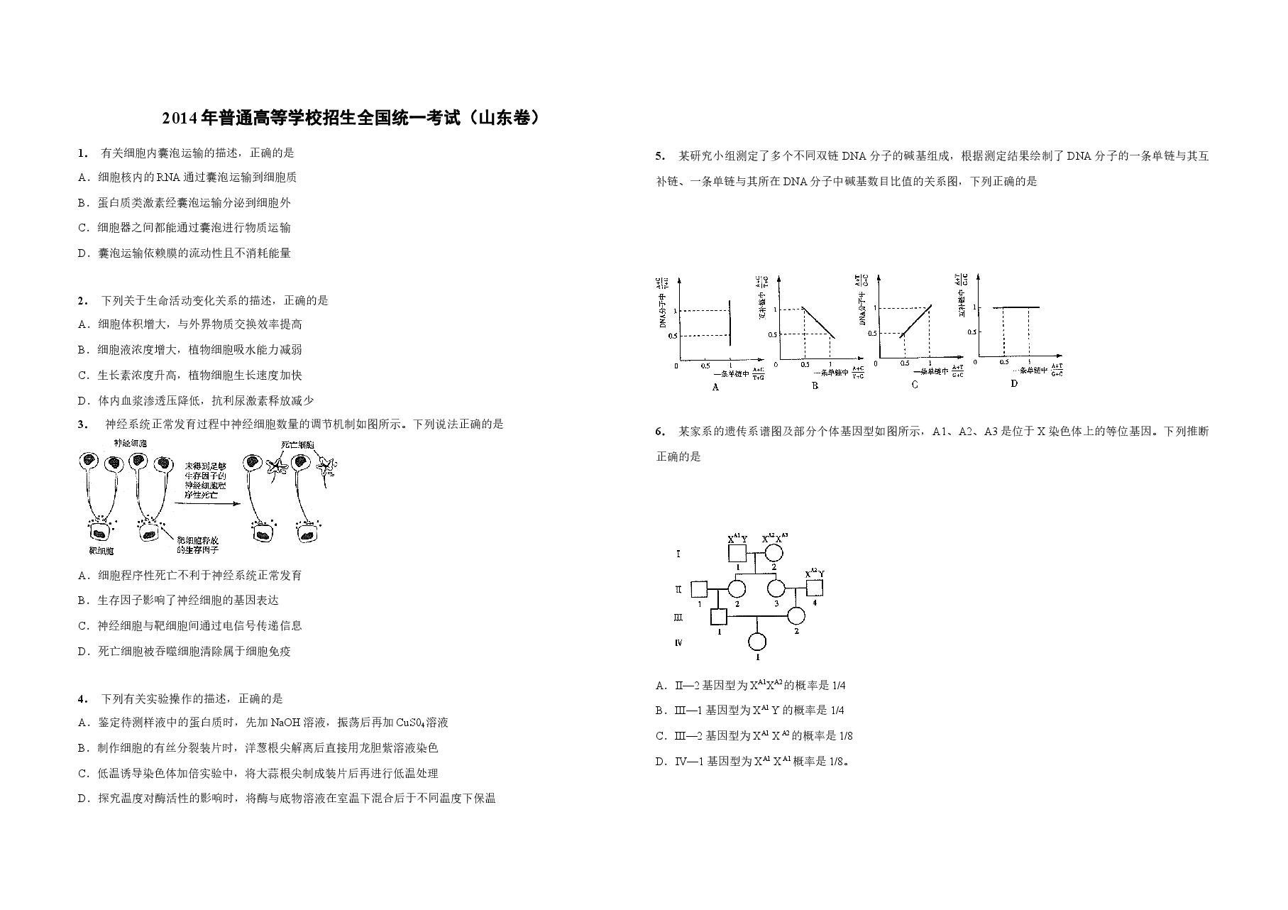2014年高考真题 生物(山东卷)(原卷版).docx,第1页预览