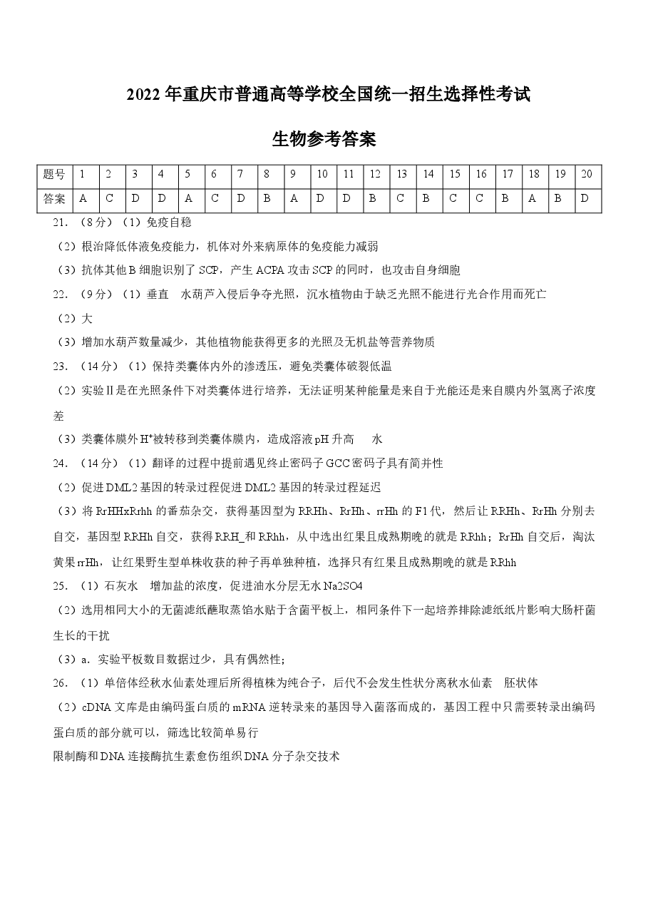 2022年新高考重庆生物高考真题文档版(答案).docx,第1页预览
