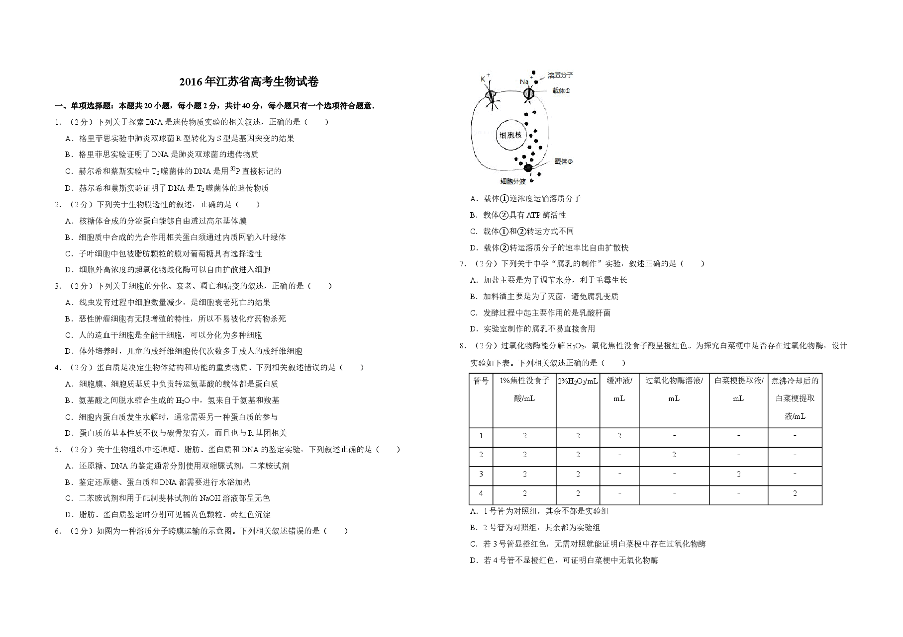 2016年江苏省高考生物试卷 .doc,第1页预览