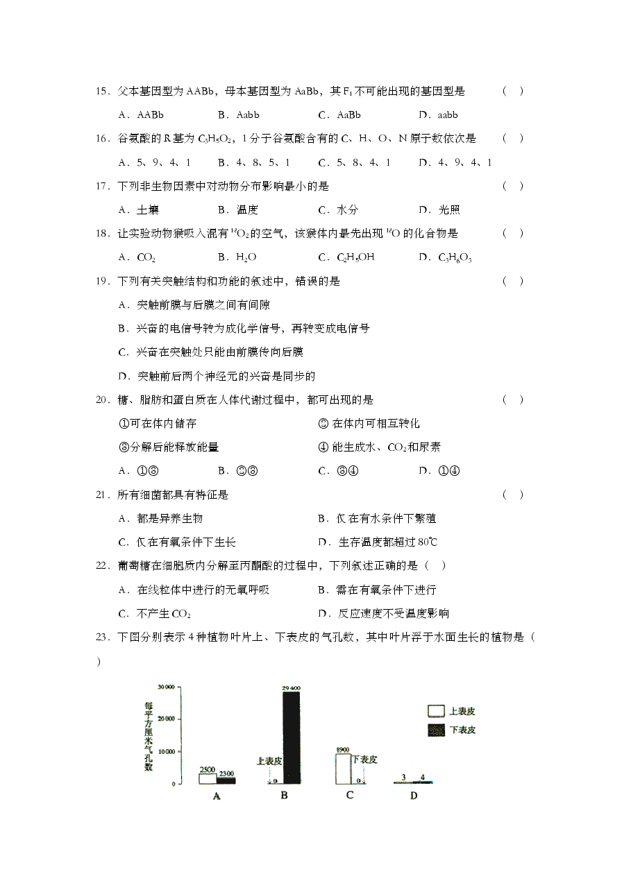 2003年上海市高中毕业统一学业考试生物试卷(原卷版).doc,第3页预览