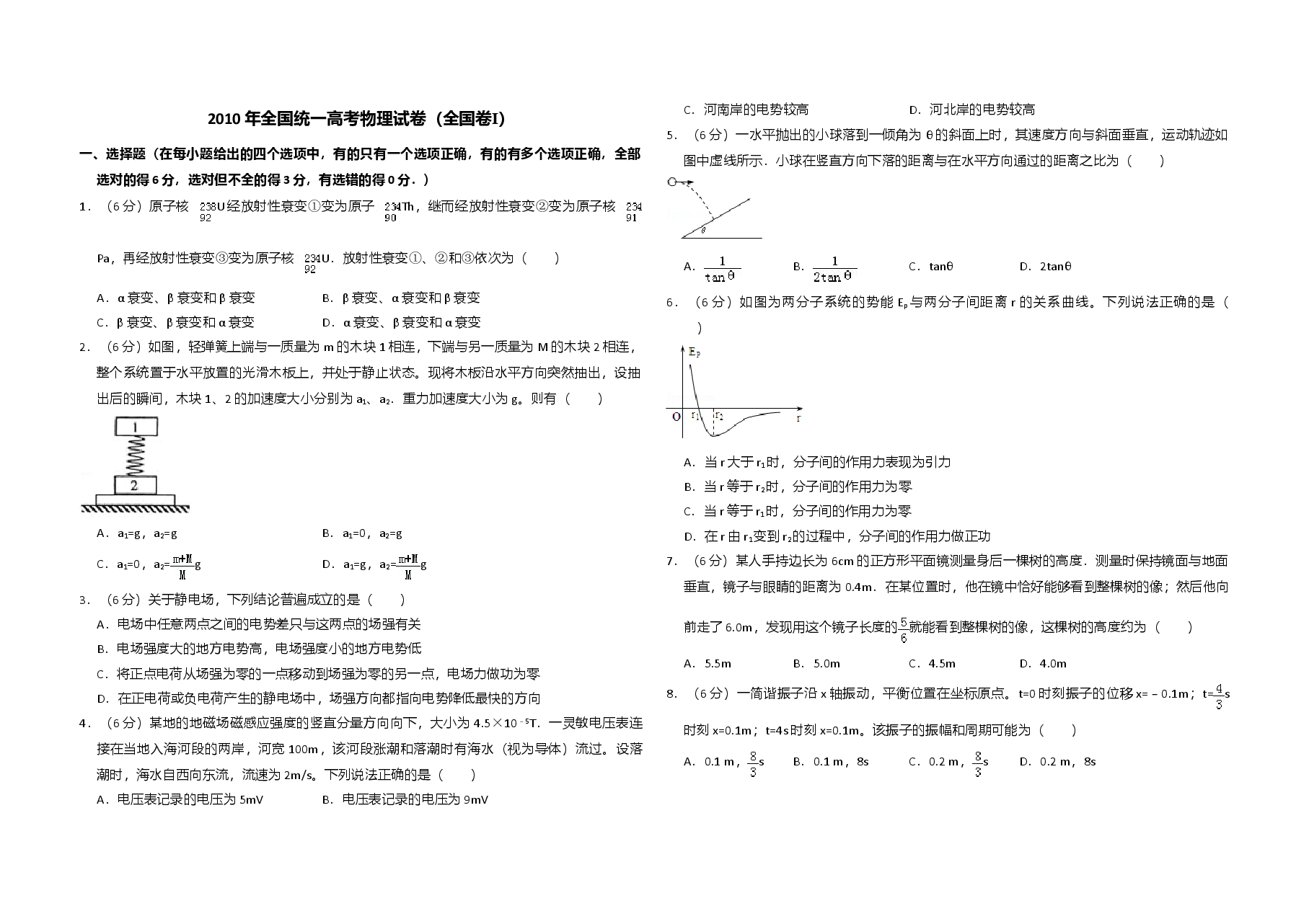2010年全国统一高考物理试卷(全国卷ⅰ)(含解析版).doc,第1页预览