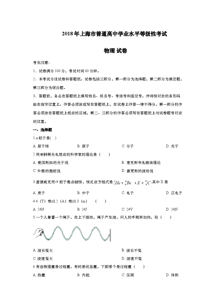 2018年上海市高中毕业统一学业考试物理试卷(原卷版).doc,第1页预览