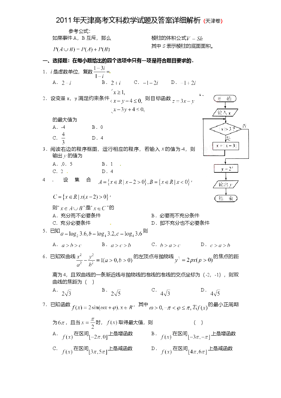 2011年天津高考文科数学试题及答案(Word版).doc,第1页预览