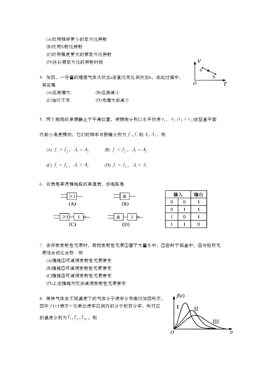 2011年上海市高中毕业统一学业考试物理试卷(原卷版).doc,第2页预览