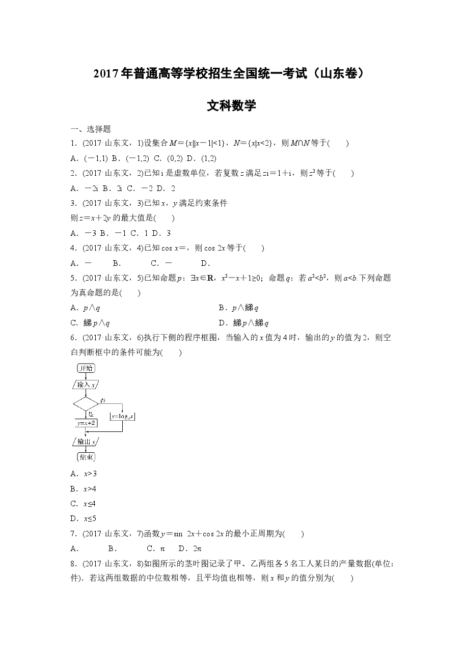 2017年高考真题数学【文】(山东卷)（原卷版).docx，第1页预览
