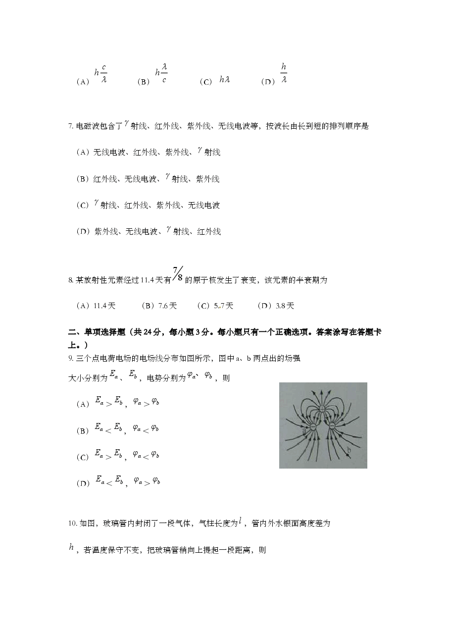 2010年上海市高中毕业统一学业考试物理试卷(原卷版).doc,第2页预览