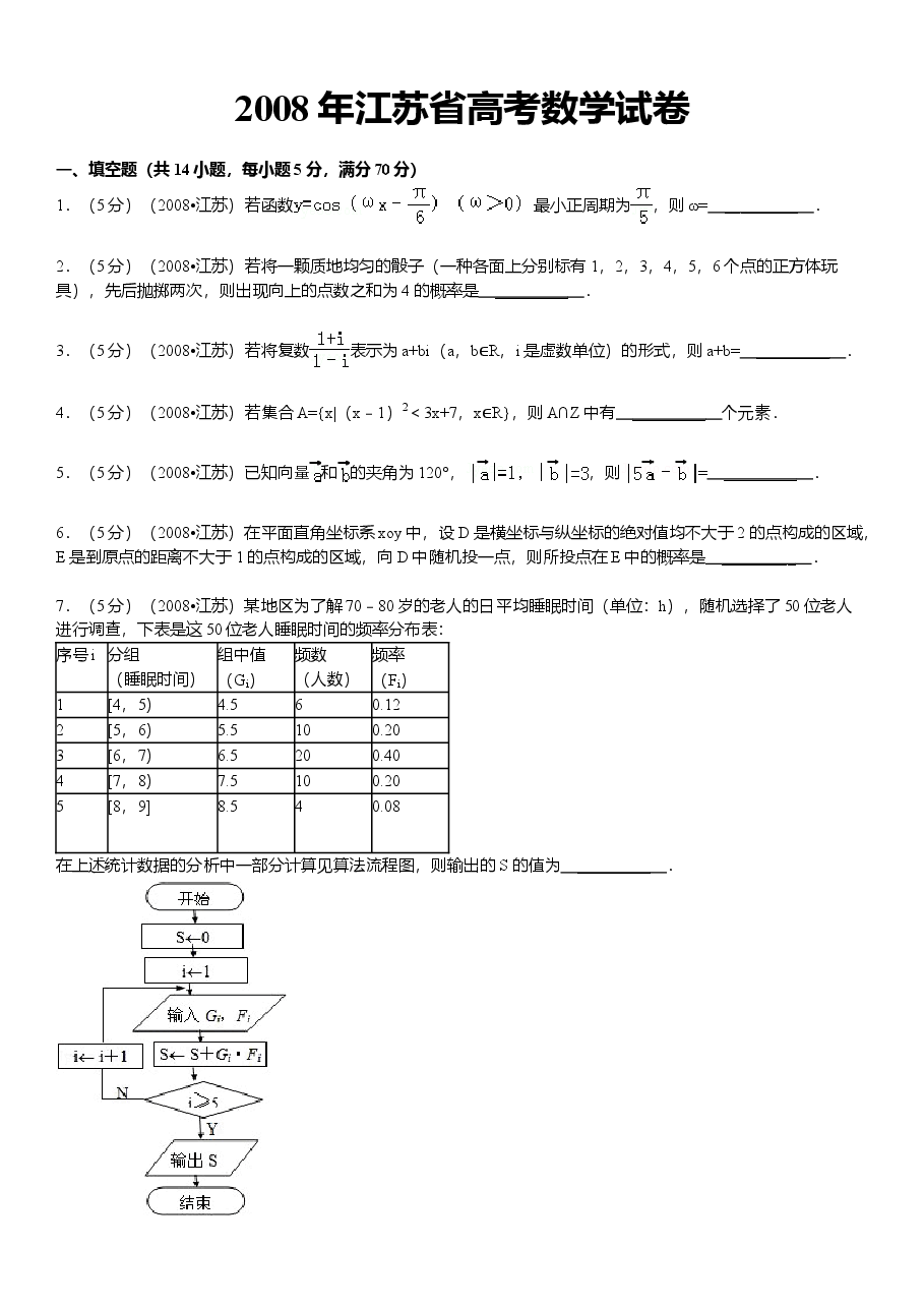 2008年江苏高考数学试题及答案.doc,第1页预览