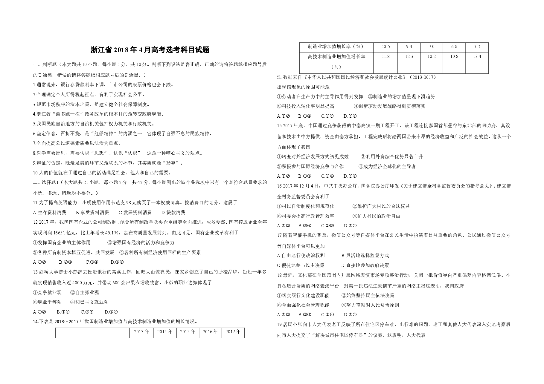 2018年浙江省高考政治【4月】(原卷版).doc,第1页预览