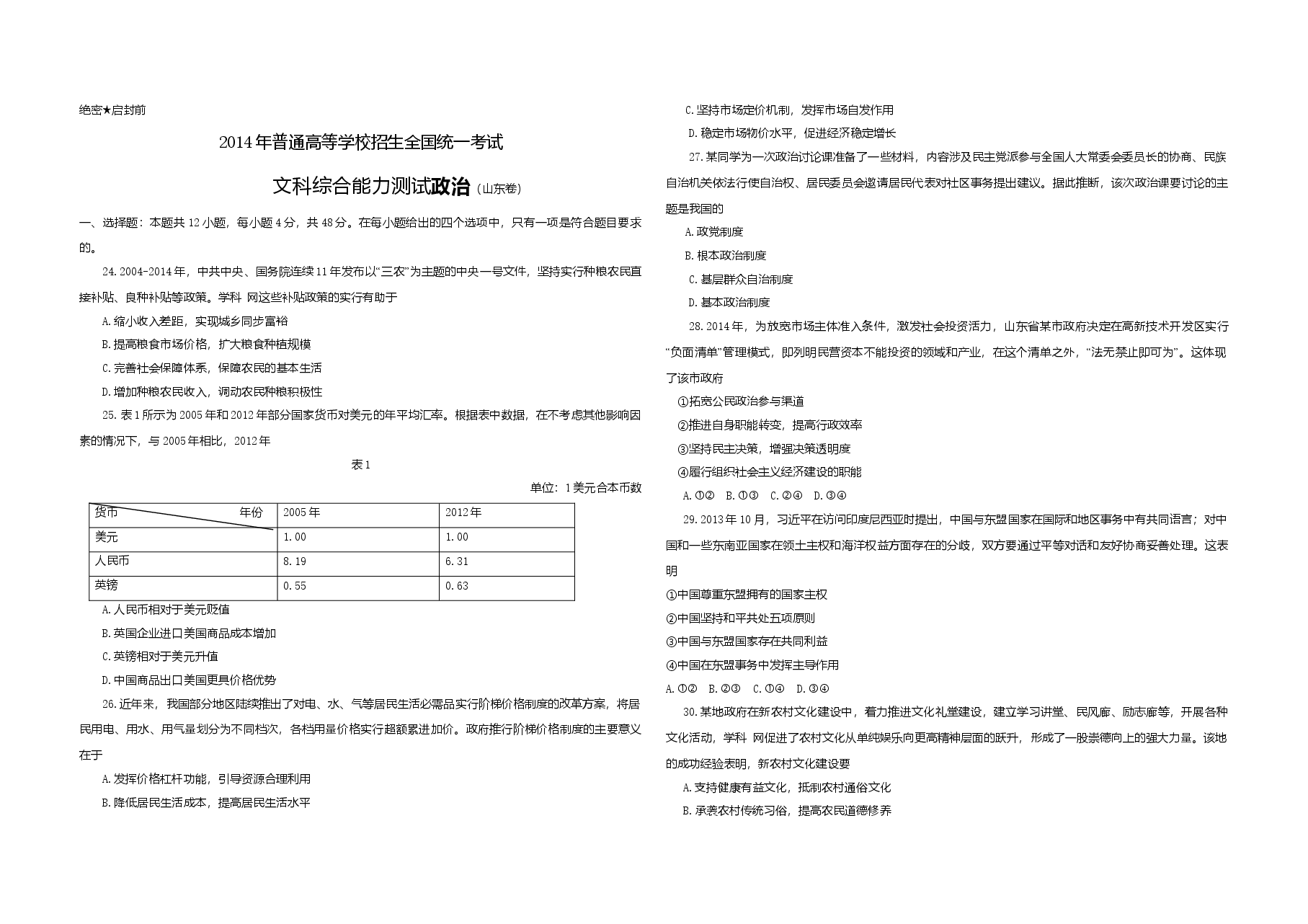 2014年高考真题 政治(山东卷)(含解析版).doc,第1页预览