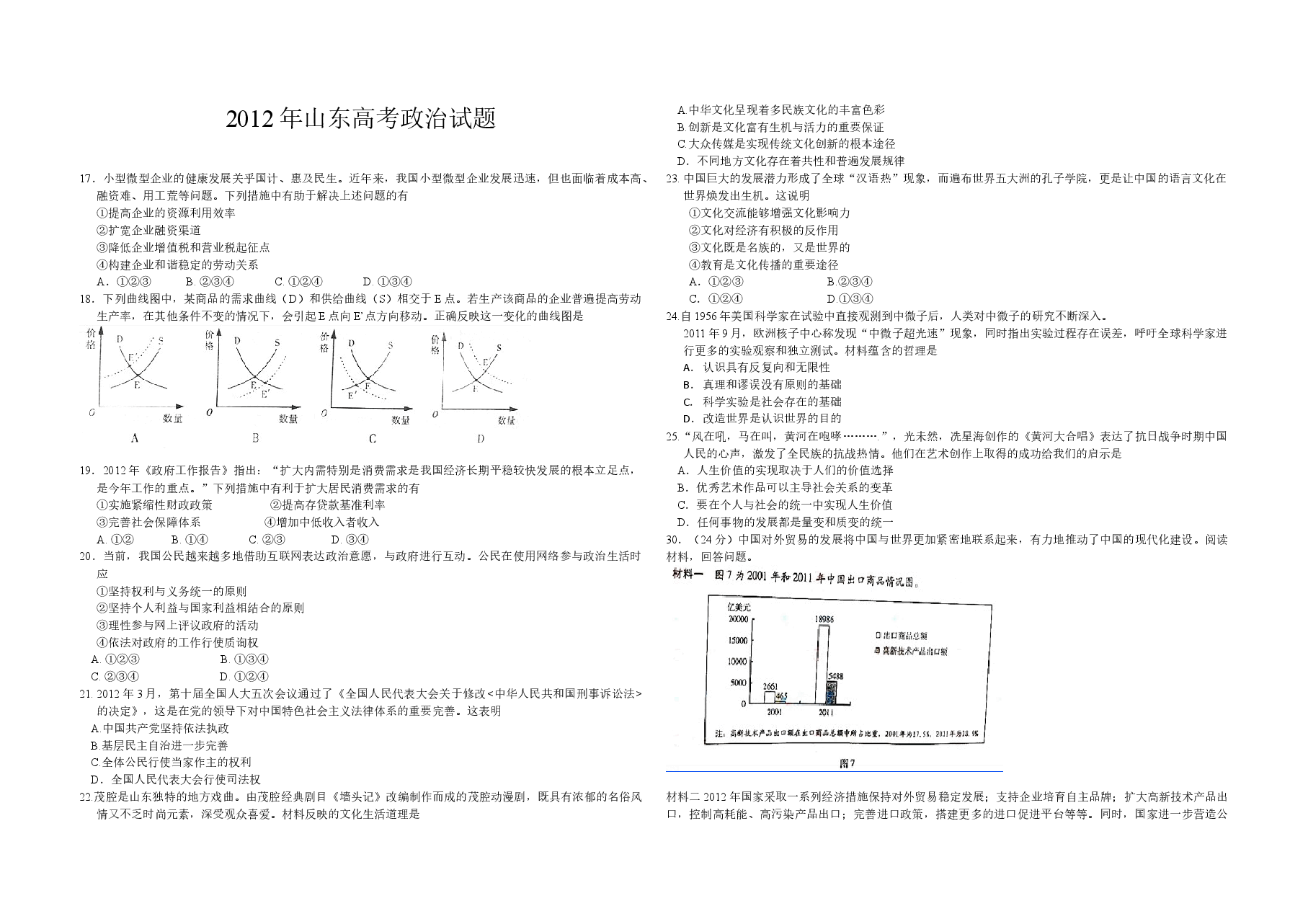 2012年高考真题 政治(山东卷)（原卷版）.doc，第1页预览