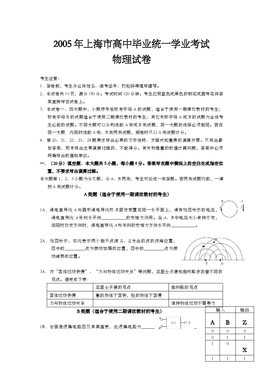 2005年上海市高中毕业统一学业考试物理试卷(答案版).doc,第1页预览
