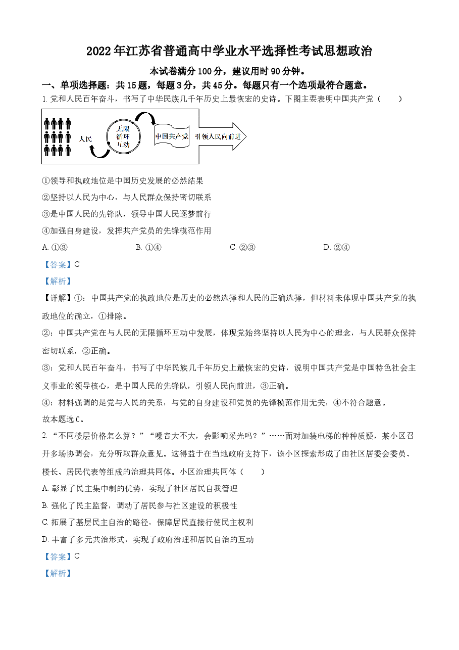 精品解析:2022年江苏省普通高中学业水平选择性考试(解析版).docx,第1页预览