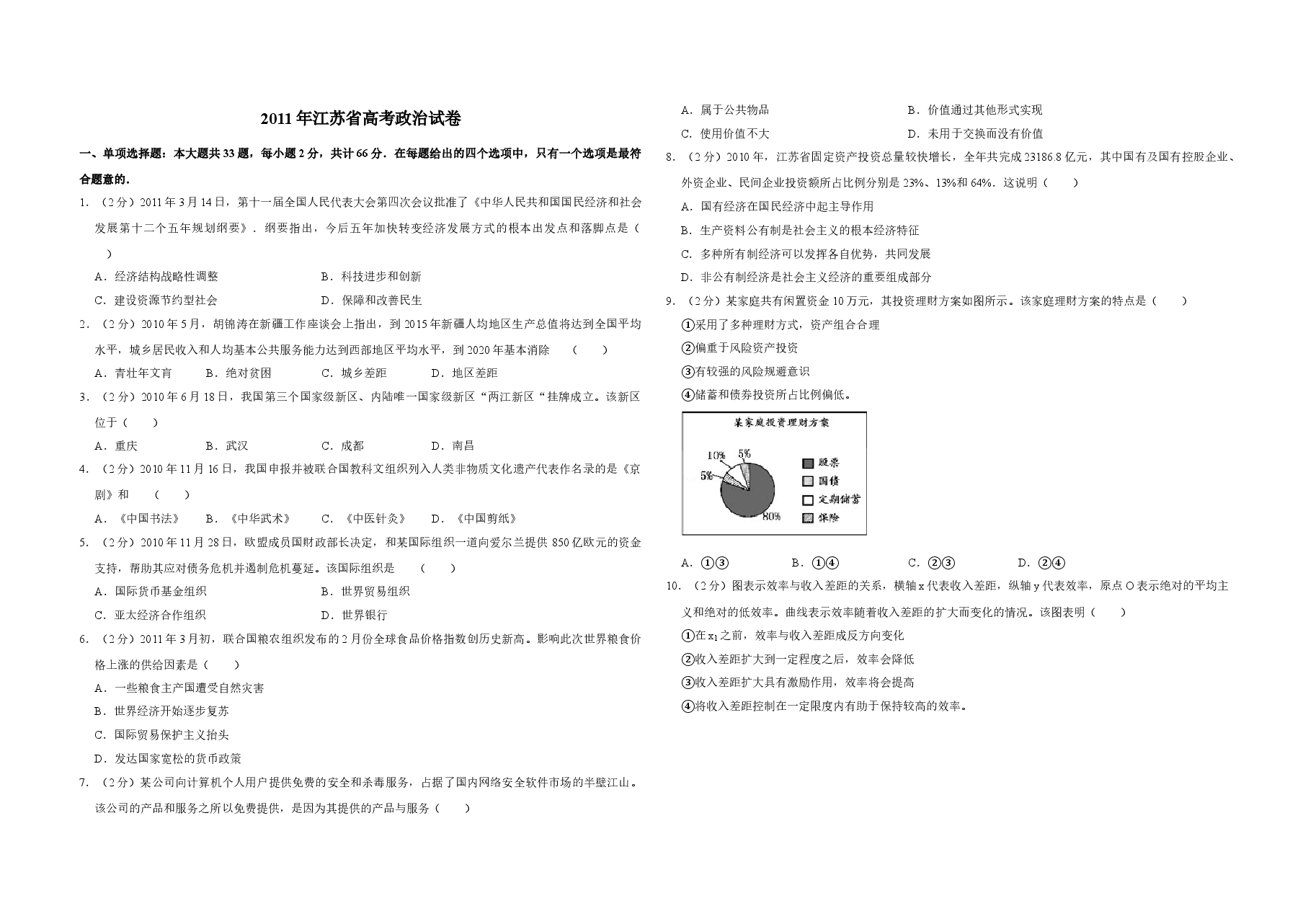 2011年江苏省高考政治试卷 .doc,第1页预览