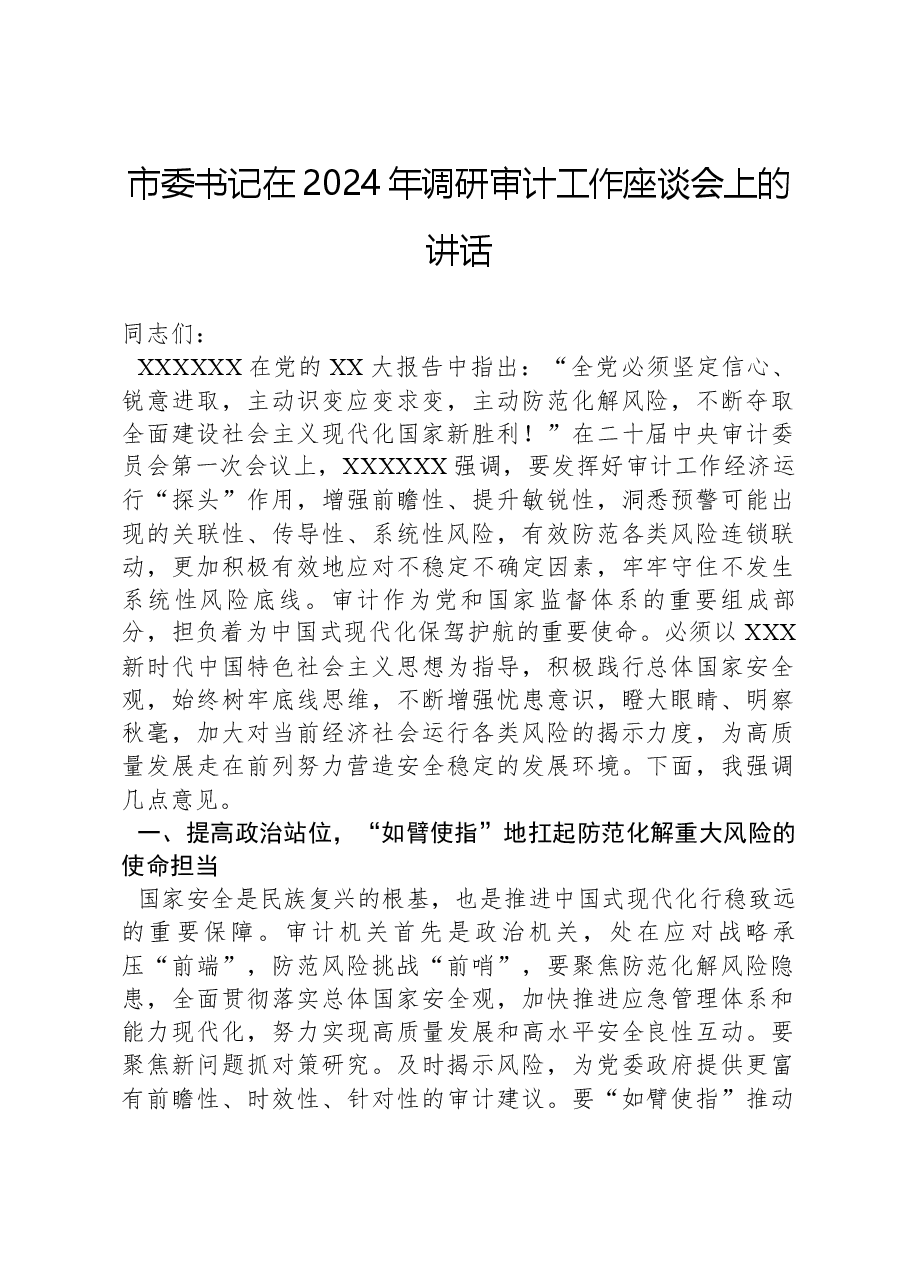 市委书记在2024年调研审计工作座谈会上的讲话.docx,第1页预览
