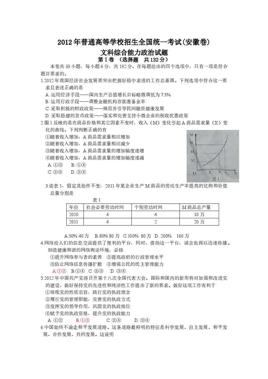 2012年高考安徽卷(文综政治部分)(含答案).doc,第1页预览