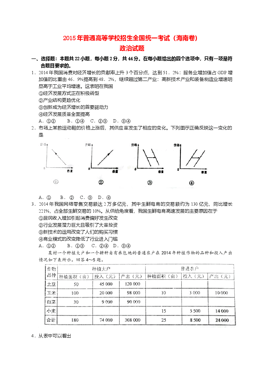 2015年海南省高考政治(原卷版).doc,第1页预览