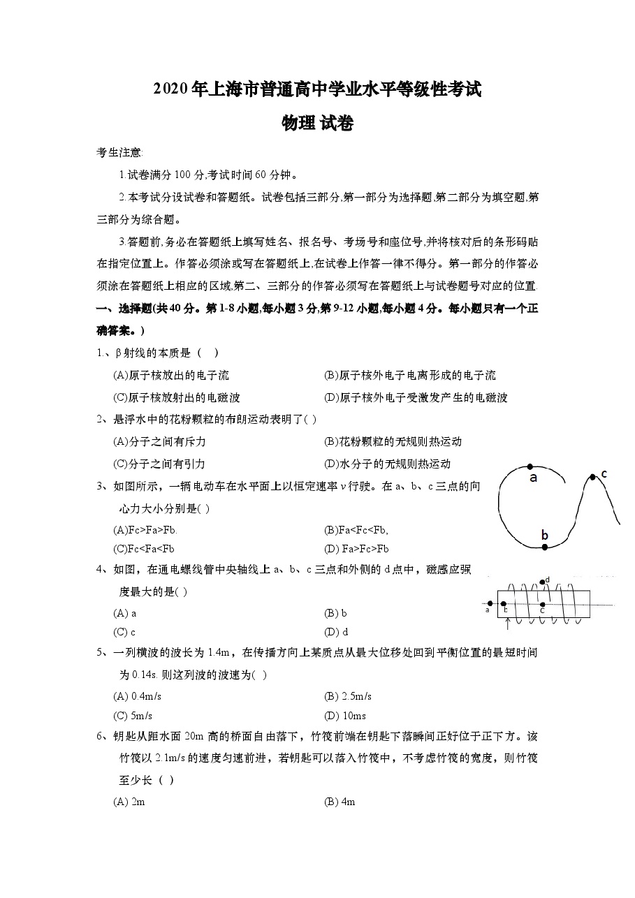 2020年上海市高中毕业统一学业考试物理试卷(原卷版).doc,第1页预览