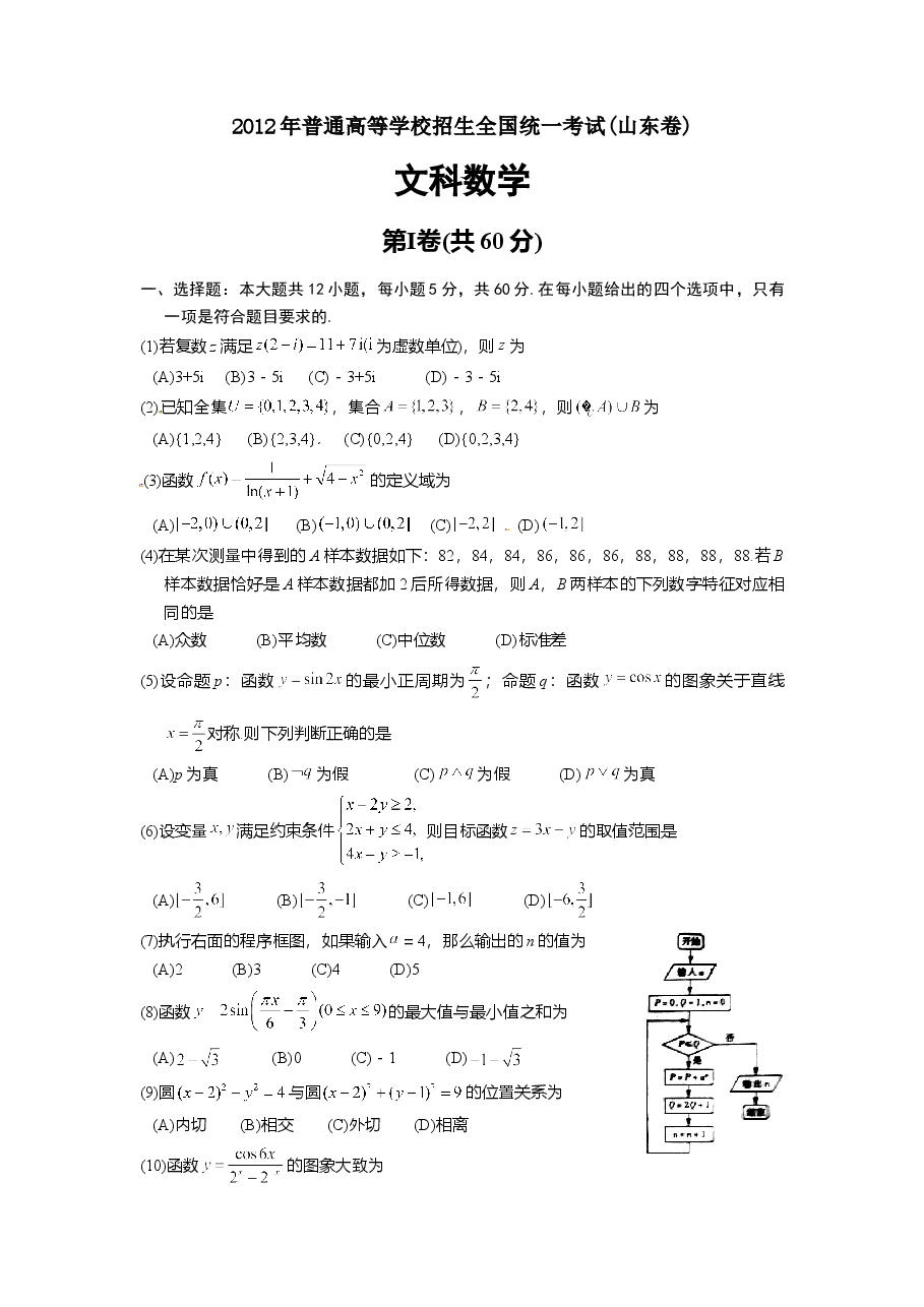2012年高考真题数学【文】(山东卷)(原卷版).doc,第1页预览