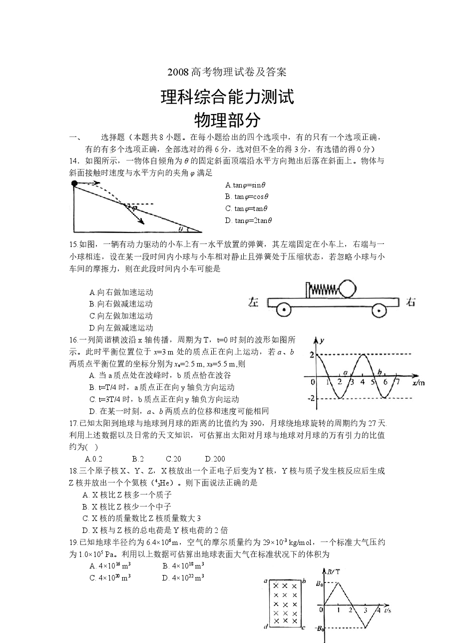 2008高考福建卷理综物理部分(含答案).docx，第1页预览