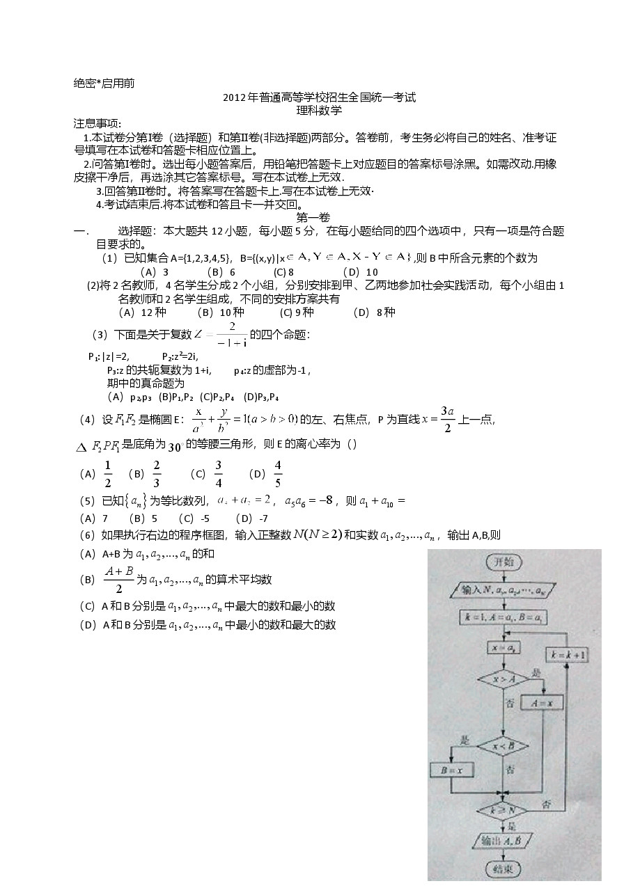 2012年理科数学海南省高考真题含答案.doc,第1页预览