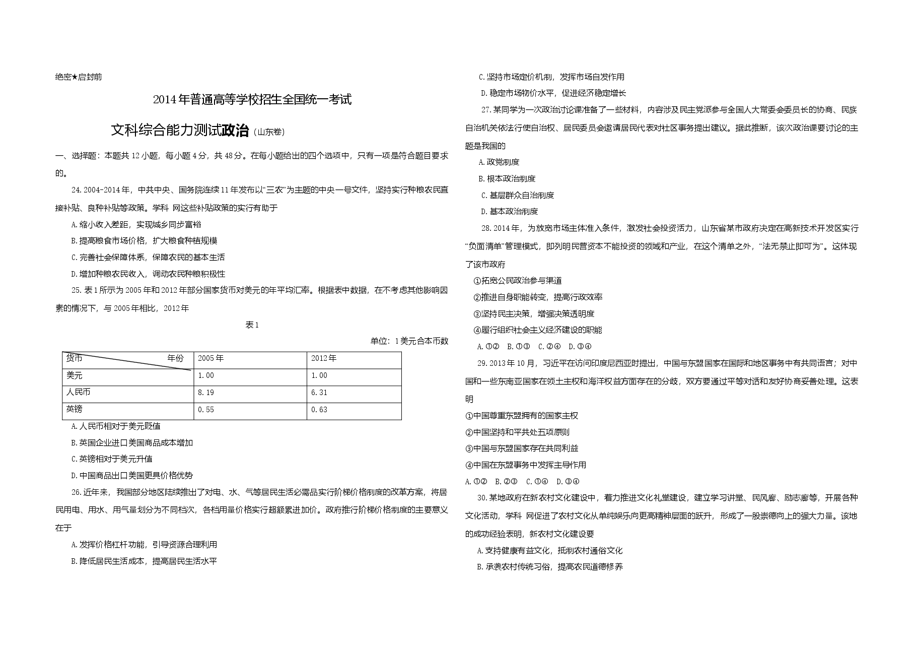 2014年高考真题 政治(山东卷)(原卷版).doc,第1页预览