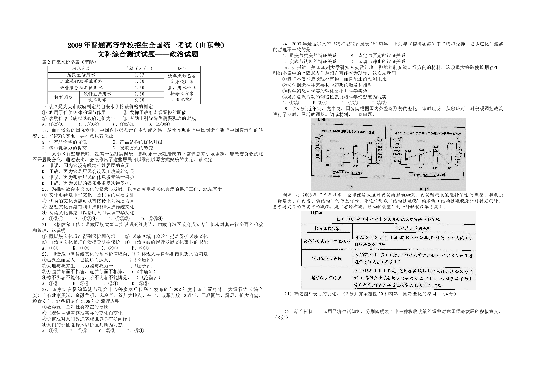 2009年高考真题 政治(山东卷)(原卷版).doc,第1页预览