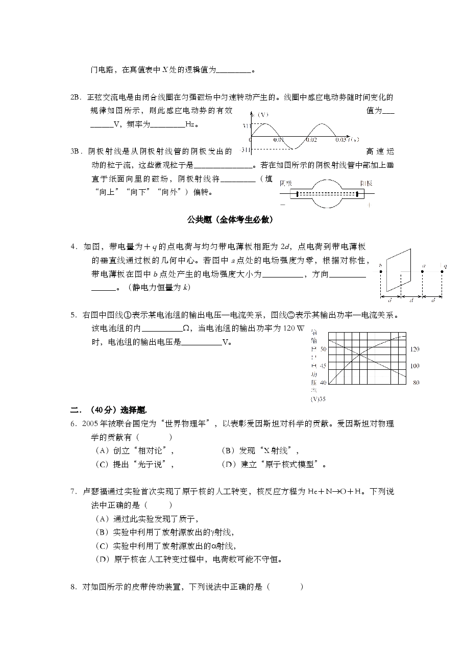 2005年上海市高中毕业统一学业考试物理试卷(原卷版).doc,第2页预览