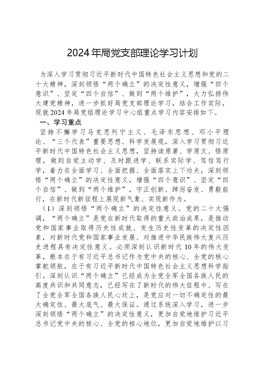 2024年局党支部理论学习计划.docx，第1页预览