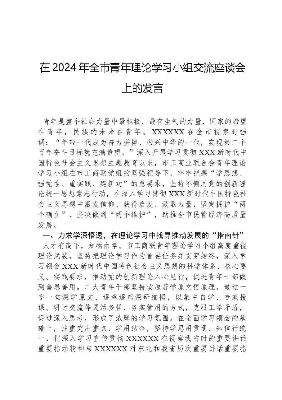 在2024年全市青年理论学习小组交流座谈会上的发言.docx,第1页预览