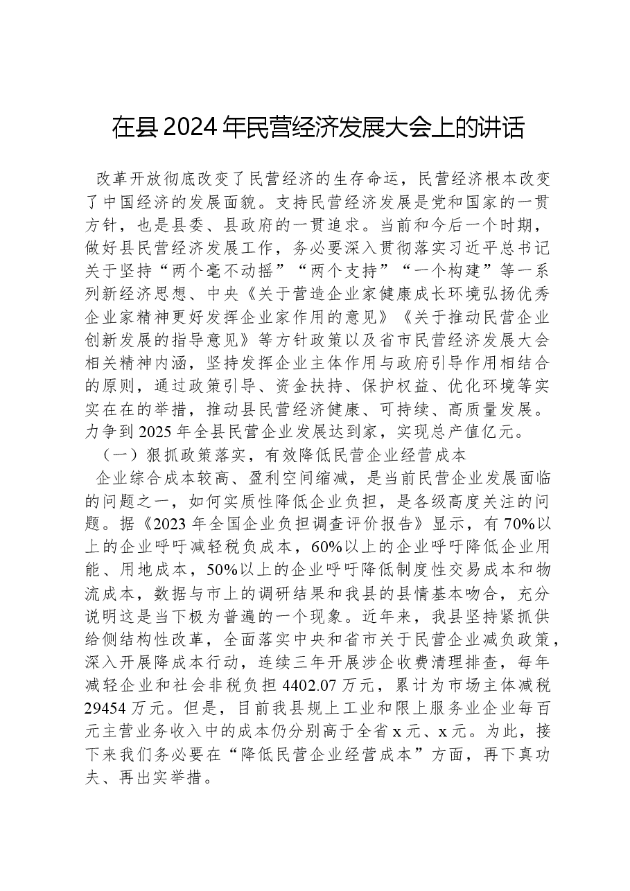 在县2024年民营经济发展大会上的讲话.docx,第1页预览