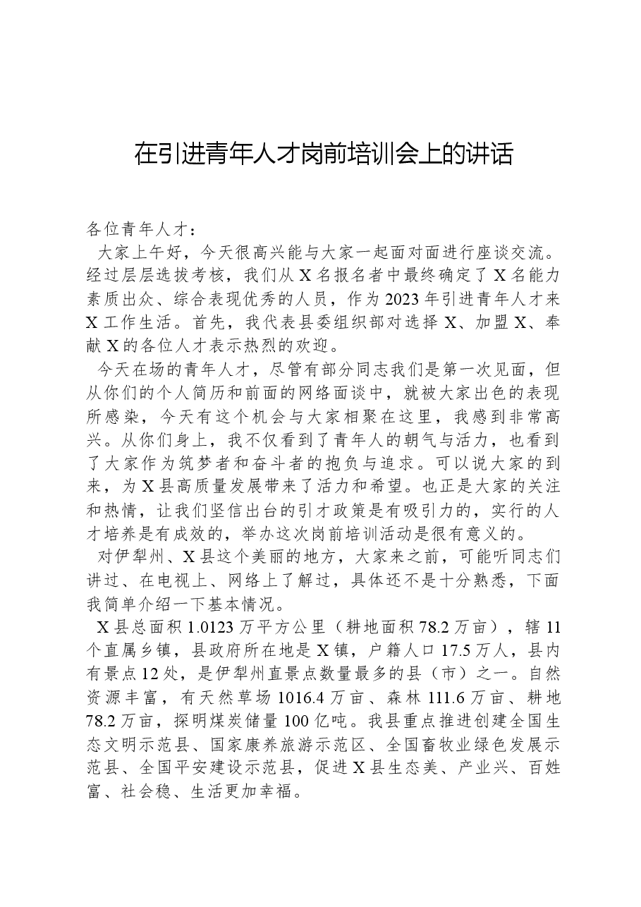 在引进青年人才岗前培训会上的讲话.docx,第1页预览