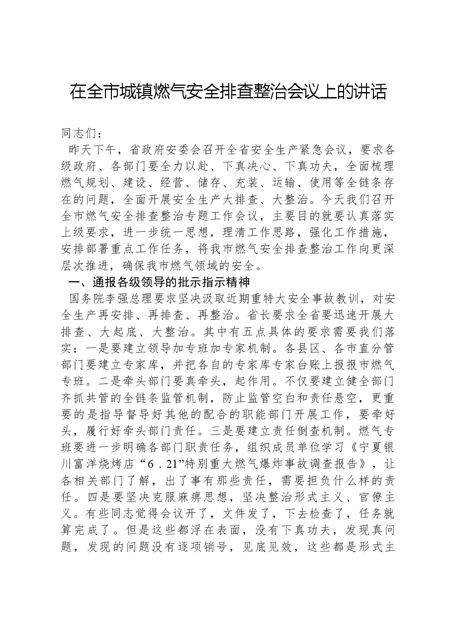 在全市城镇燃气安全排查整治会议上的讲话.docx,第1页预览