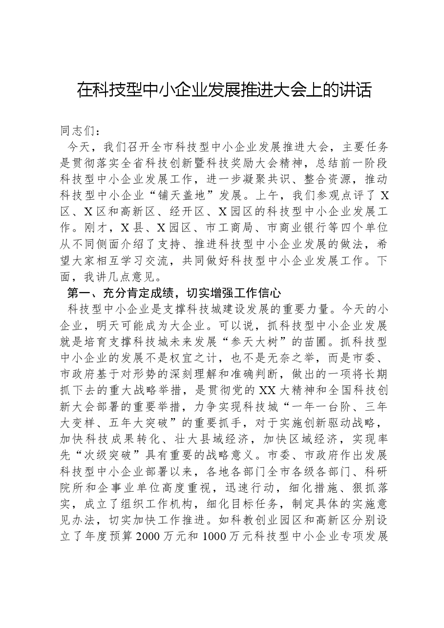 在科技型中小企业发展推进大会上的讲话.docx，第1页预览