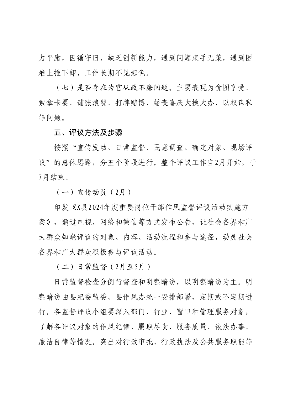 某县2024年度重要岗位干部作风监督评议活动实施方案.docx,第4页预览