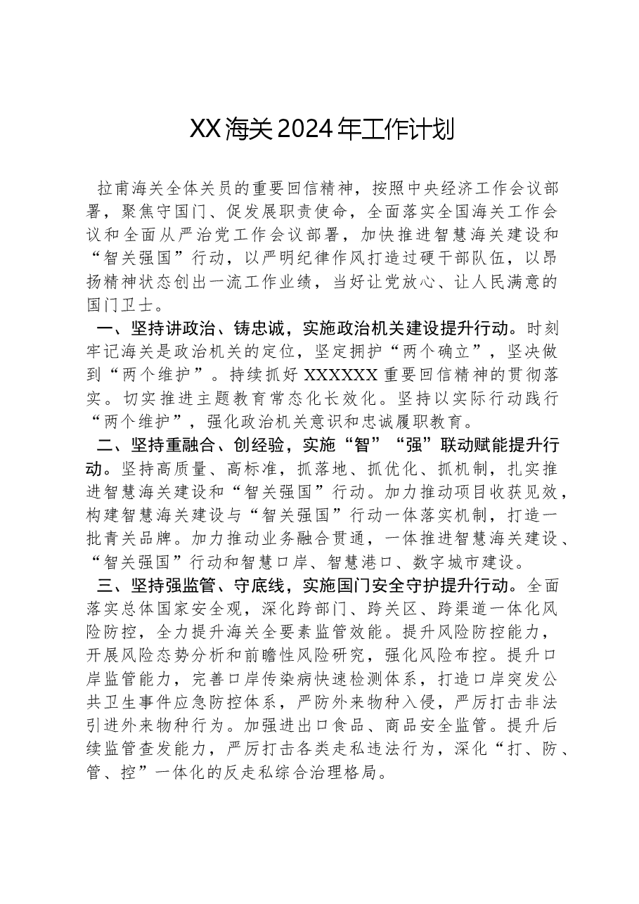 XX海关2024年工作计划.docx,第1页预览