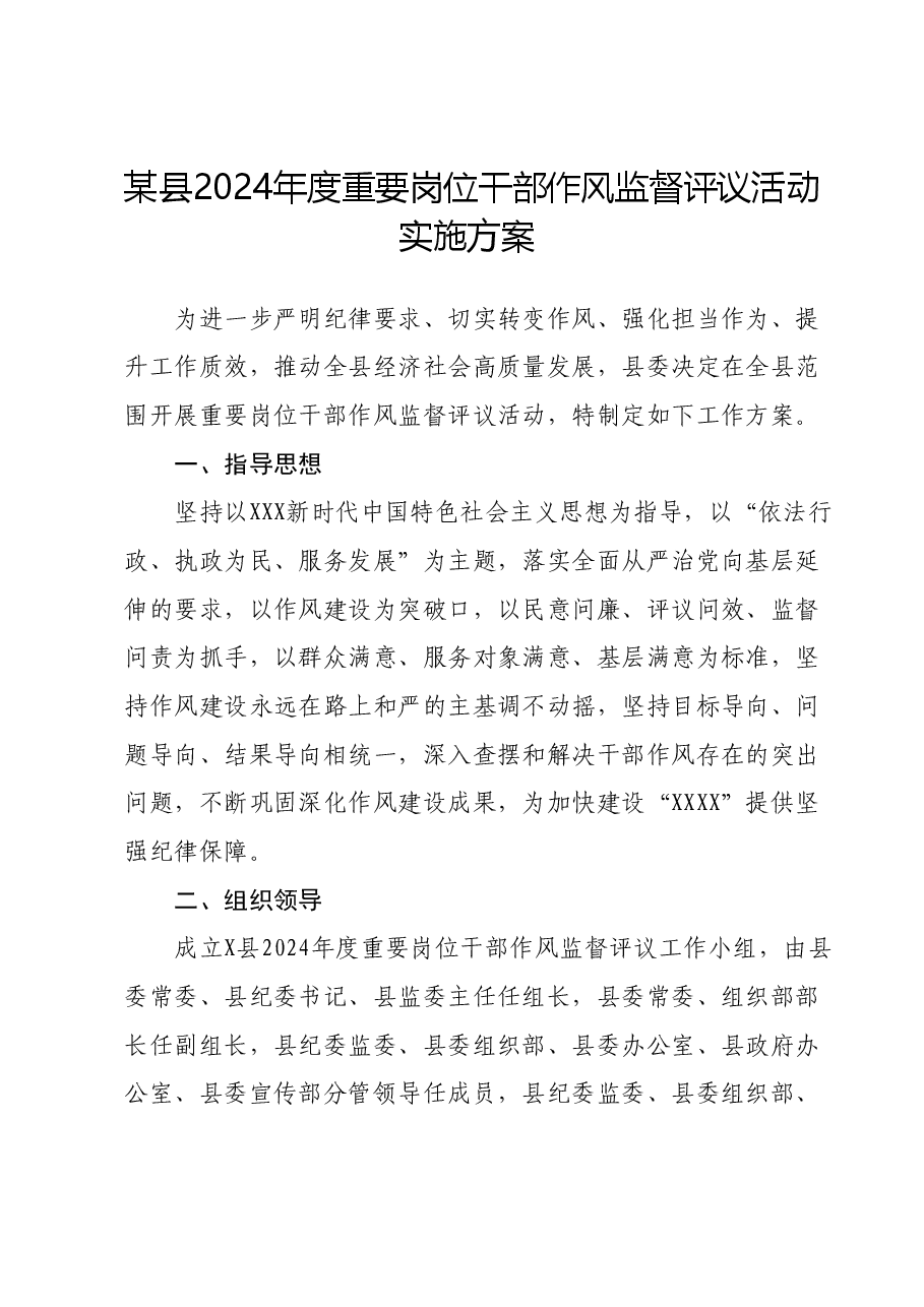某县2024年度重要岗位干部作风监督评议活动实施方案.docx,第1页预览
