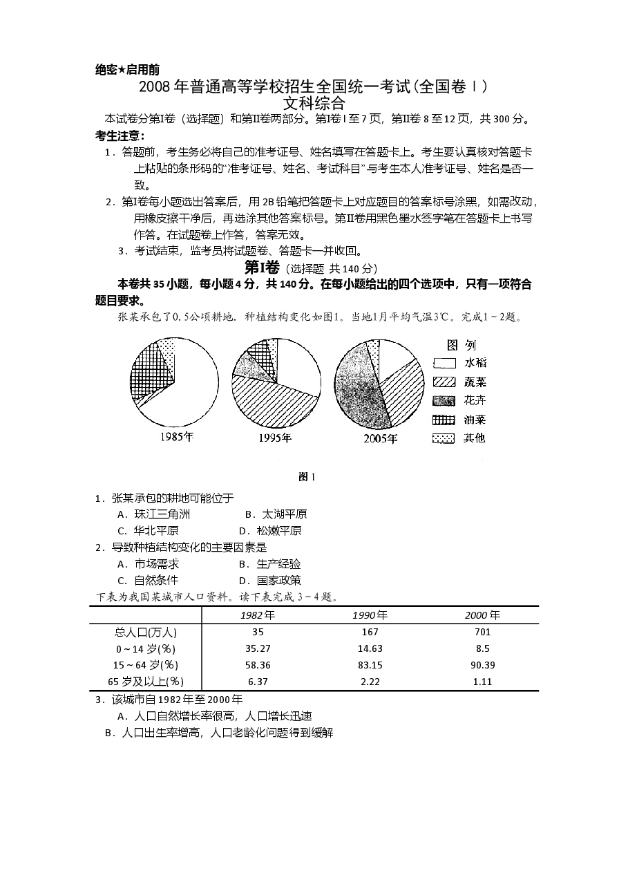 2008年普通高等学校招生全国统一考试【湖南地理真题+答案】.doc，第1页预览
