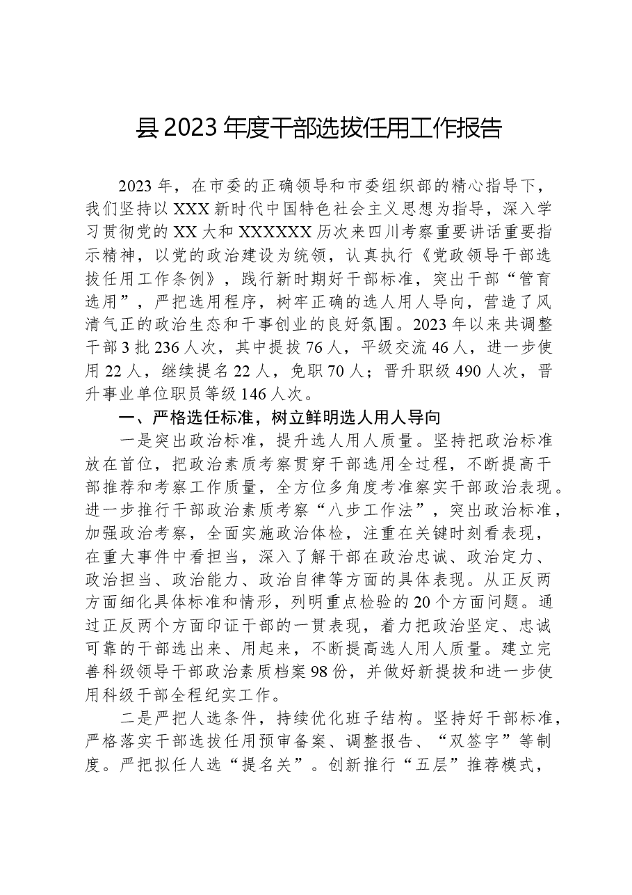 县2023年度干部选拔任用工作报告.docx,第1页预览