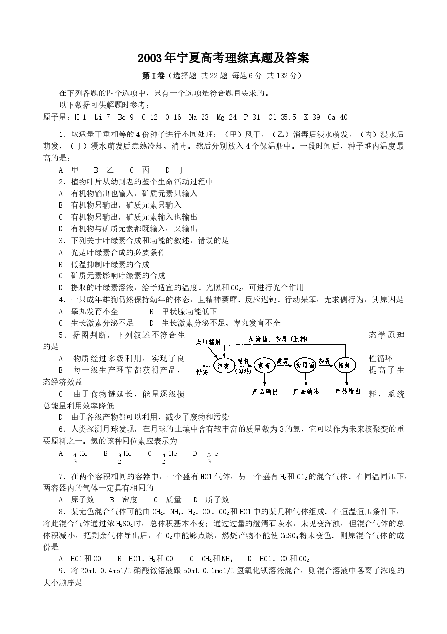 2003年宁夏高考理综真题及答案.doc,第1页预览