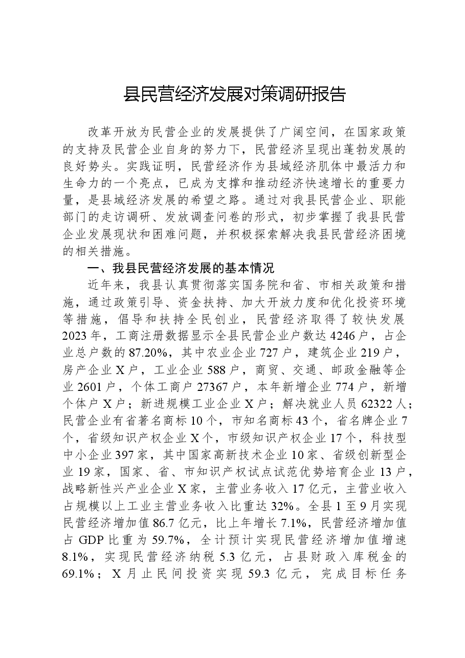 县民营经济发展对策调研报告.docx,第1页预览