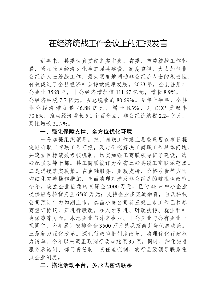 在经济统战工作会议上的汇报发言.docx,第1页预览