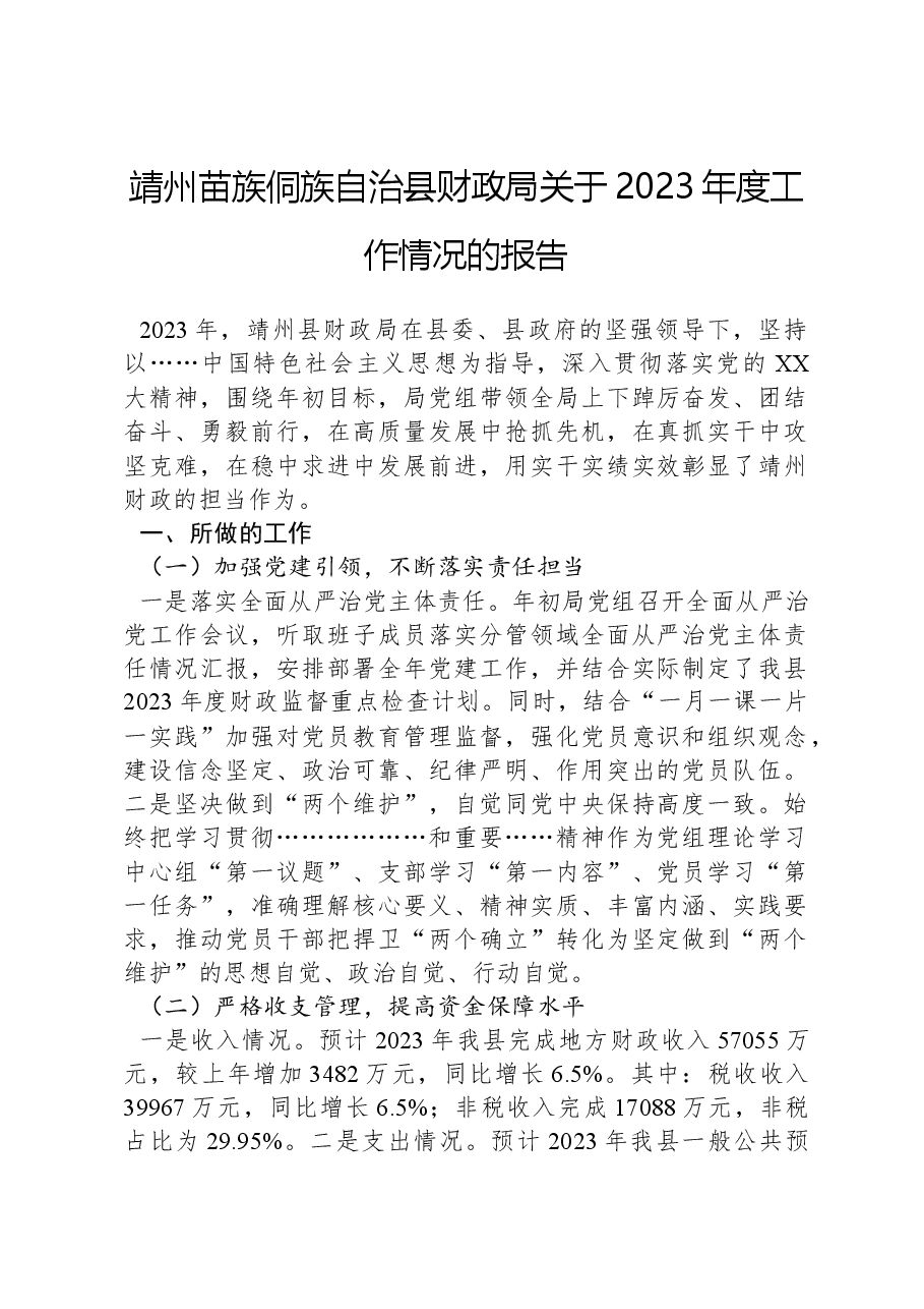 靖州苗族侗族自治县财政局关于2023年度工作情况的报告.docx,第1页预览